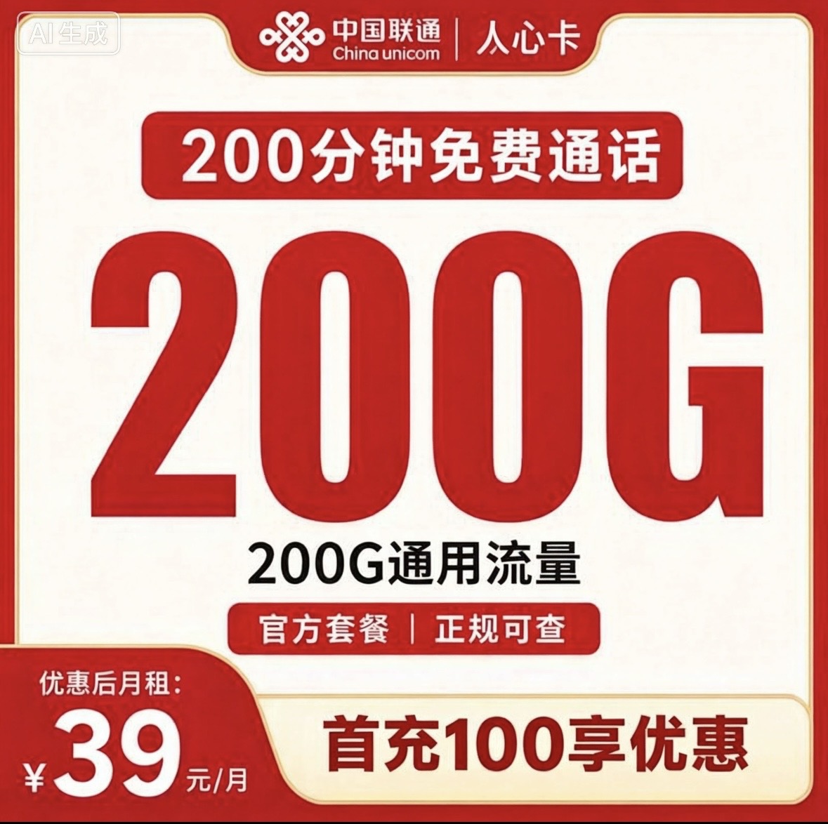 联通人心卡39元200G+200分钟【发全国】