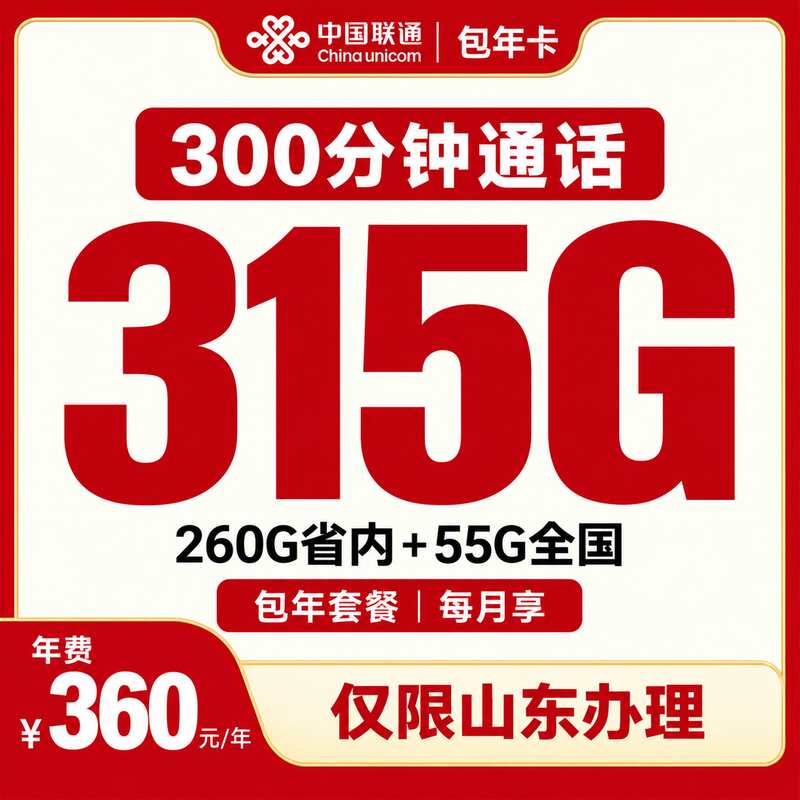 联通包年卡月均30元315G+300分钟【只发山东】